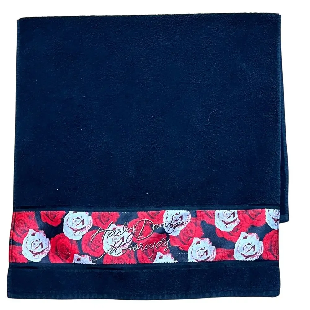 HARLEY DAVIDSON Black Bath Towel Red Roses Heart 23 x 47